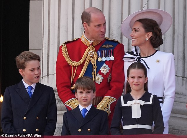 The Prince and Princess of Wales with their three children at the Colour Parade in June