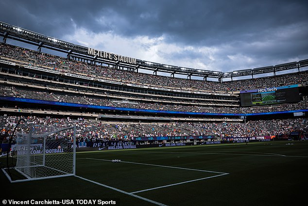 Clouds gathered over MetLife Stadium before the game was halted for an hour due to a storm