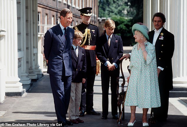 The Queen Mother celebrating her 95th birthday with her butler William 'Backstairs Billy' Tallon, her grandson Prince Charles and her great-grandsons Prince Harry and Prince William, the former Prince of Wales with Prince Harry and Prince William, 1995