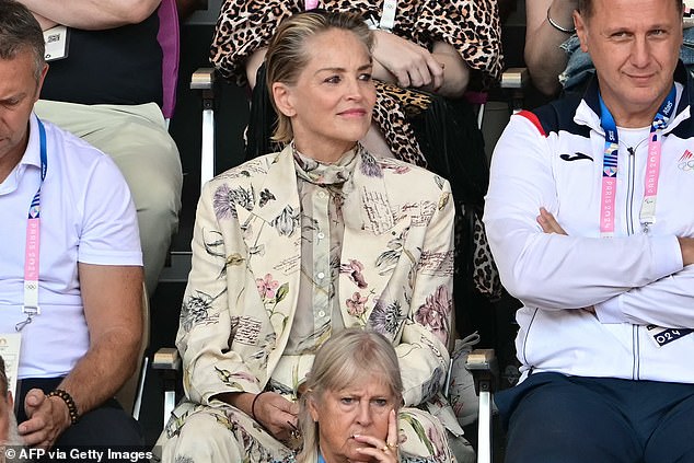 Sharon Stone was spotted in the crowd at the men's tennis final at the Paris Olympics on Sunday.