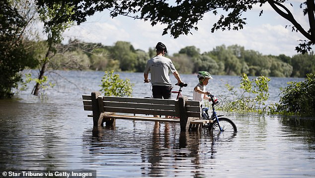 Pictured: A father and son ride their bikes on flooded sidewalks around Lake Nokomis on Sunday, June 15, 2014, in Minneapolis.