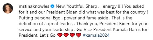 Knowles, alongside a photo of herself with Harris, wrote: 'You asked for it and our President Biden did what was best for the country!