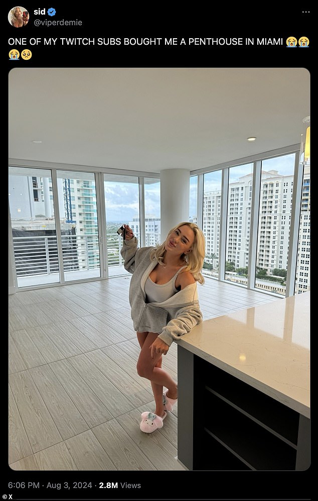 The tweet by 26-year-old @viperdemie or 'Sid' was posted on X on Saturday night. The provocative streamer can be seen posing in a casual sweatshirt and sneakers, dangling what she claims are the keys to her chic luxury apartment with floor-to-ceiling windows.