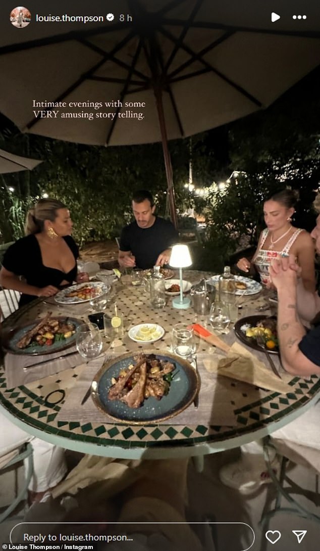 Sam's sister shared a picture of the four of them sitting around a table enjoying an outdoor meal, where she hinted that they had told each other some juicy stories.