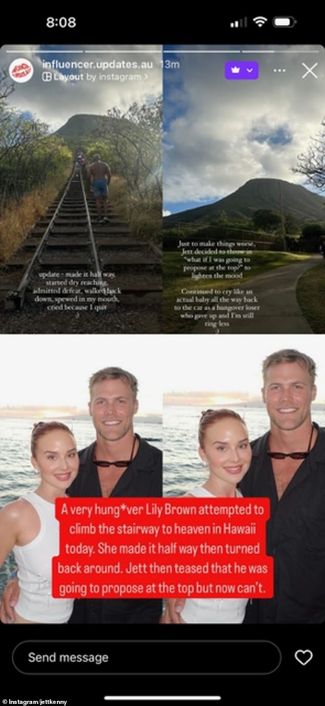 Popular Instagram account Influencer Updates shared some snaps from Jett, 30, and Lily, 26,'s vacation in Hawaii and revealed how an ill-fated trip along the Stairway to Heaven hiking trail ended in relationship disaster.