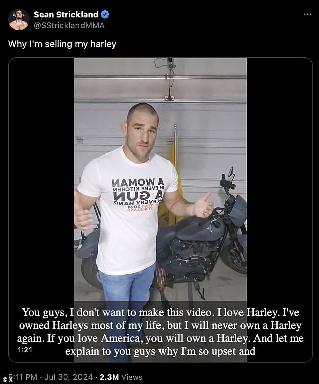 Former Ultimate Fighting Championship middleweight champion and longtime Harley enthusiast Sean Strickland shared a video in which he says he is ditching his Harley.