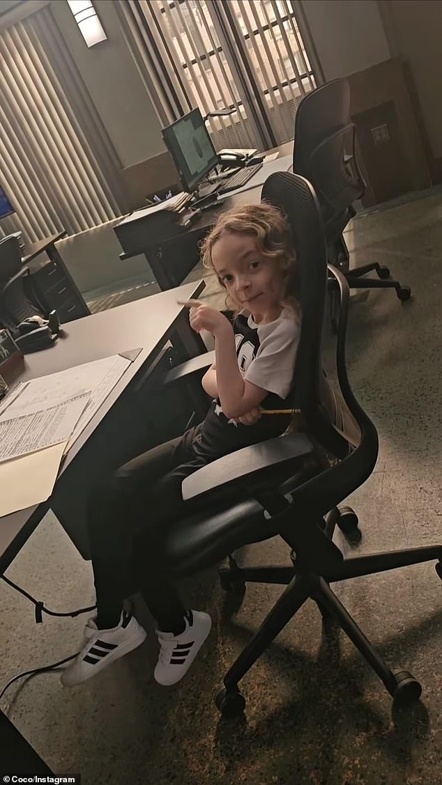 'Behind the scenes on Law & Order, someone is trying to take Dad's job,' Coco said from behind the camera, as she focused on her adorable daughter sitting at a desk at the beginning of the video.