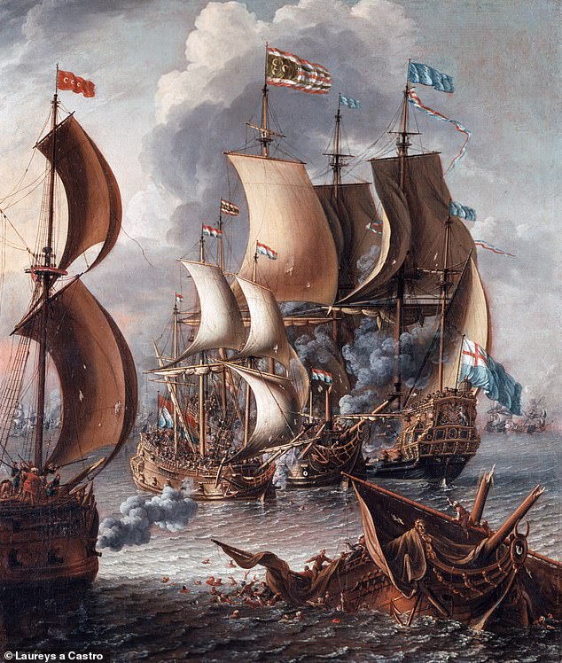 A 1681 painting by the Flemish painter Laureys a Castro depicting a naval battle between European ships and Barbary corsairs.