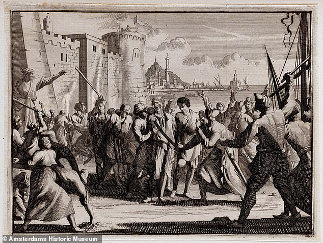 An illustration shows enslaved Christians captured by corsairs arriving at the port of Algiers to be ransomed.