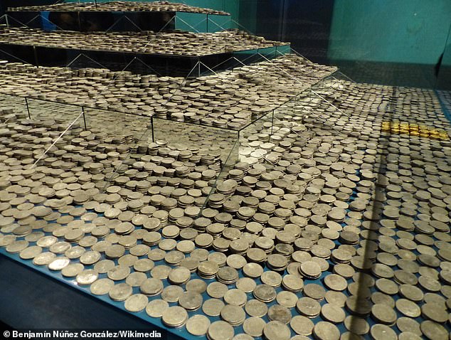 Pictured: The coins Odyssey found aboard the 1804 shipwreck of the Nuestra Señora de las Mercedes, a Spanish warship. These coins are on display in a Spanish museum after a long court battle between Odyssey and the Spanish government over who had the rightful right.