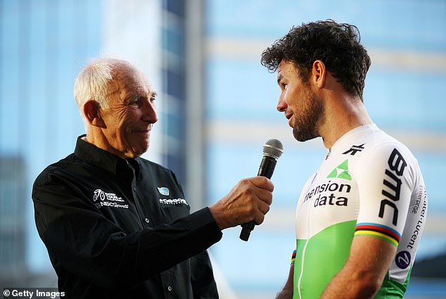 Mark Cavendish, from the UK and Team Dimension Data, is one of thousands of athletes Liggett has interviewed over the years (pictured together)