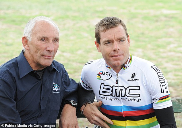 Liggett is pictured with Australian Tour de France winner Cadel Evans, one of a long list of great cyclists he has commented on.