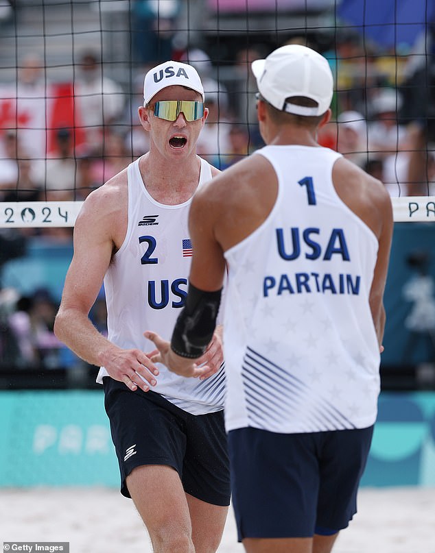 The male athletes wear sleeveless shirts and baggy shorts, a marked difference from their female counterparts. Above: Team USA's Andrew Benesh celebrates with teammate Miles Partain last week