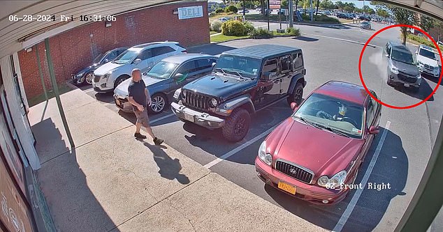 Schwally can then be seen speeding through a parking lot, narrowly avoiding pedestrians in footage obtained by Newsday, before speeding toward Hawaii Nail & Spa in Deer Park on June 28.