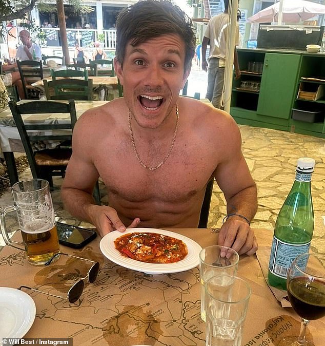 The Big Brother presenter, 39, couldn't contain his smile as he walked shirtless into a restaurant while enjoying a plate of pasta and a beer.