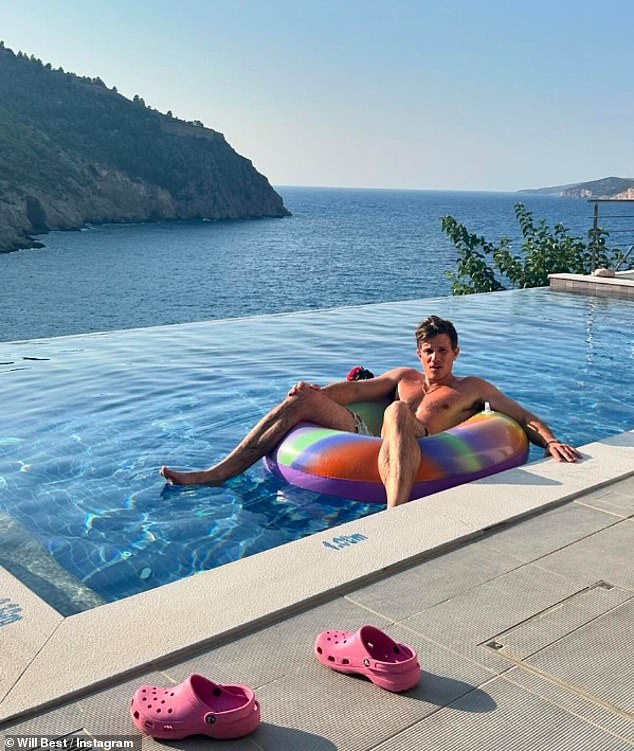 While working on her tan, the ITV star then relaxed in an infinity pool overlooking the ocean while floating on a rubber float.