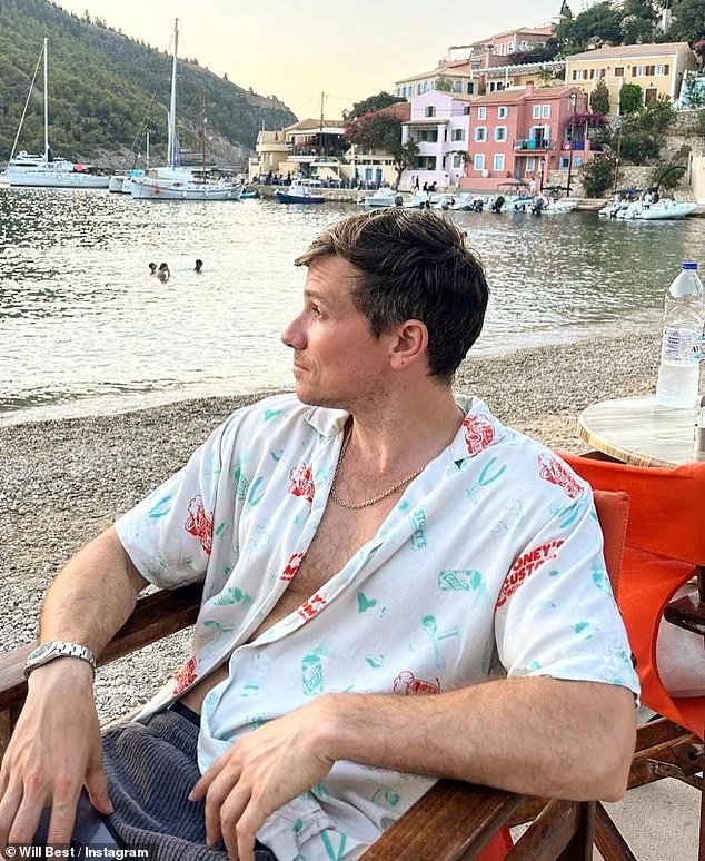 Will looked relaxed in an open white patterned shirt as he relaxed on the beach.