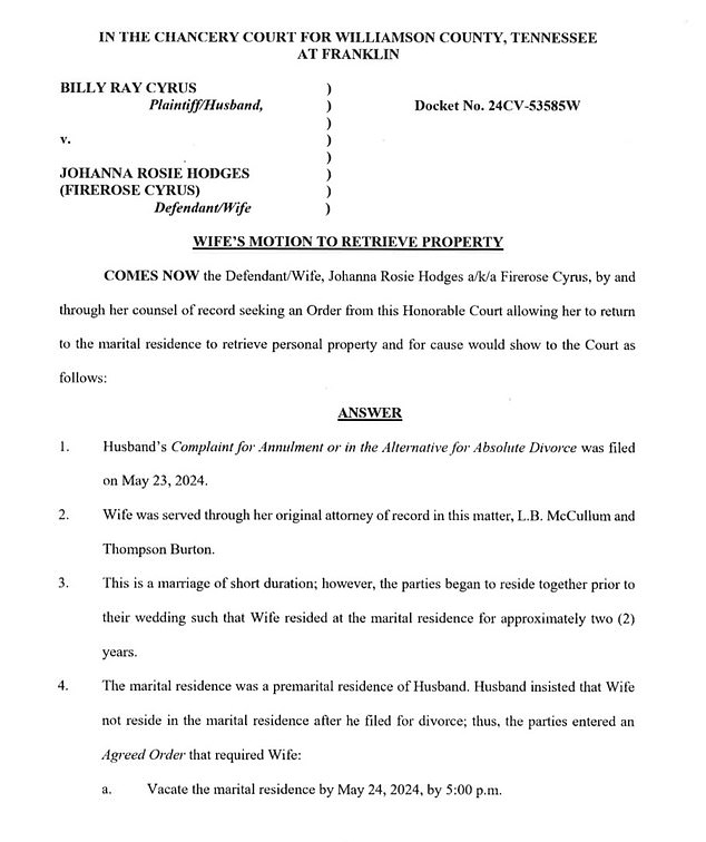 Firerose claims Billy Ray kicked her out of the marital home on May 23, 2024, immediately after filing for divorce.