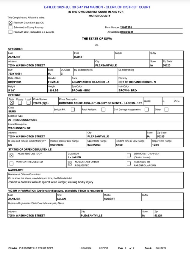 The defendant committed domestic battery against Allan Zantjer, causing bodily injury, the charging document states.