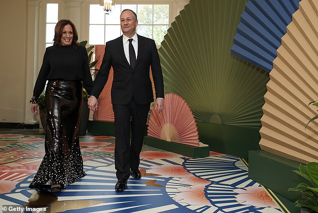 U.S. Vice President Kamala Harris and Second Gentleman Doug Emhoff arrive at the White House for a state dinner on April 10, 2024.