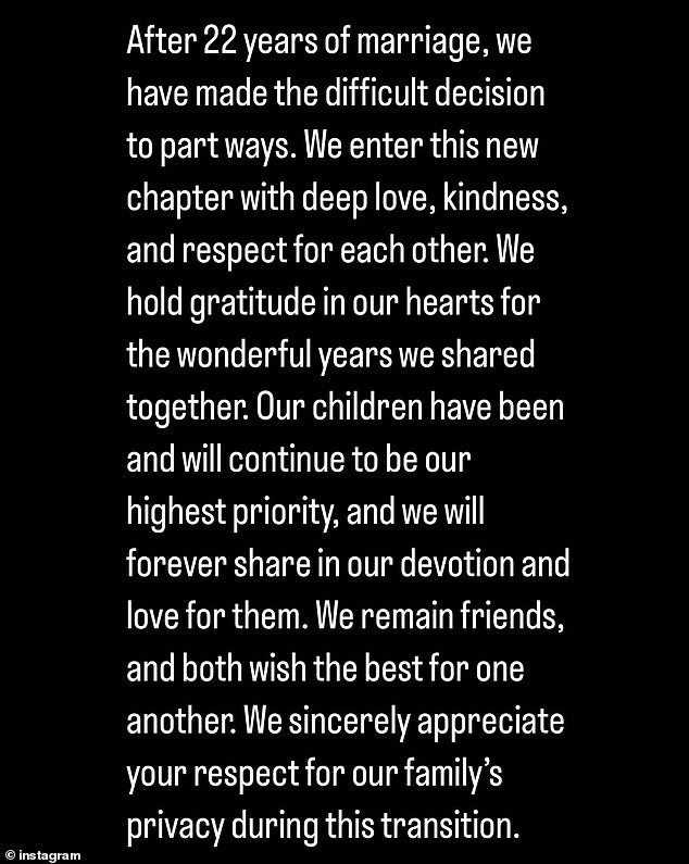 Mathison and Arévalo wrote in a joint statement on Instagram: 'After 22 years of marriage, we have made the difficult decision to separate.'