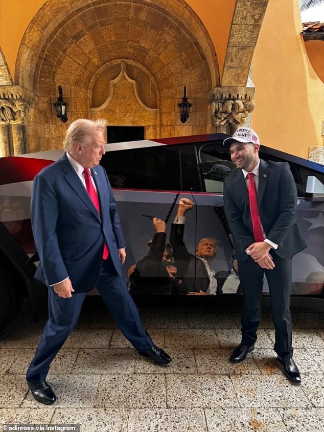 Ross gifted Trump a Tesla cybertruck wrapped in an American flag and an image of the near-assassination attempt on the former president during his July 13 campaign rally in Butler, Pennsylvania.