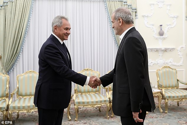 Iranian President Masoud Pezeshkian (right) meets with Russian Security Council Secretary Sergei Shoigu (left) in Tehran, Iran, August 5, 2024