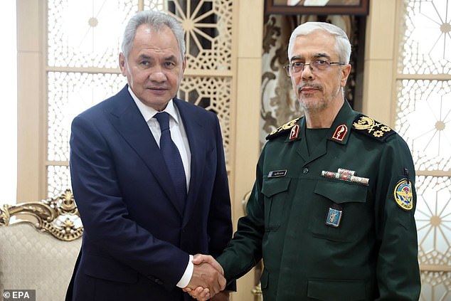 Iranian Armed Forces Chief of Staff General Mohammad Bagheri (right) meets with Russian Security Council Secretary Sergei Shoigu (left) in Tehran, Iran