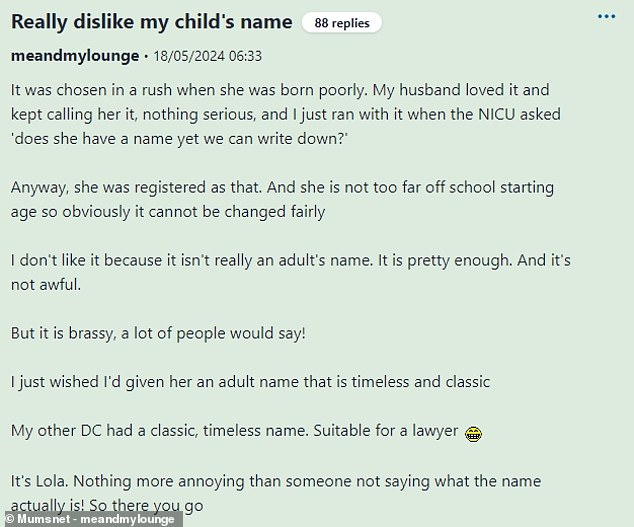 A British mother has not held back from detailing her baby name regrets to the online community, after admitting that 