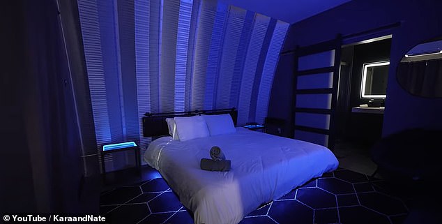 Details include two capsule-style bedrooms, colorful LED lights in the bedrooms and kitchen, and Stormtroopers located in the living room.