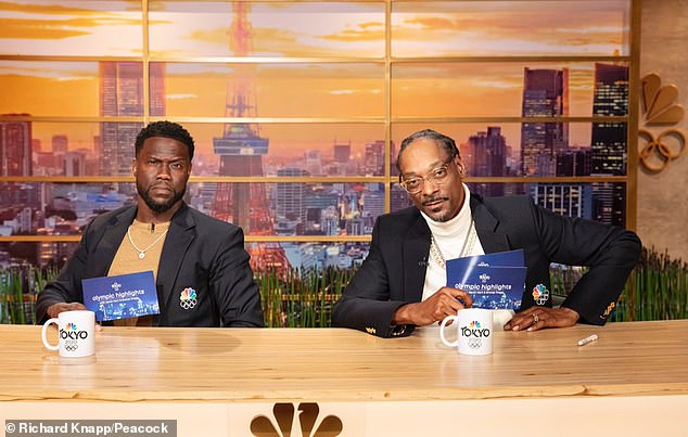 Kevin Hart and Snoop Dogg on set as Tokyo 2021 commentators in their Peacock series