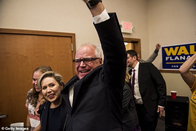 Gwen Walz (left) and Tim Walz (right) on primary night in August 2018. Walz won the Minnesota Democratic-Farmer-Labor Party primary and then went on to win the general election.