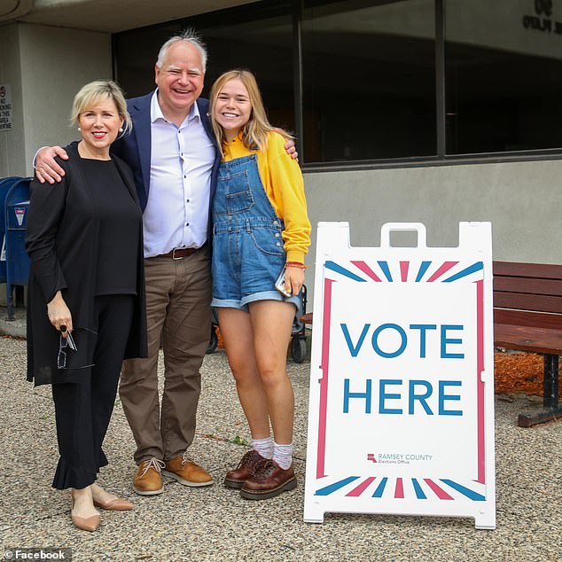 Gwen Walz (left), with her husband, Minnesota Governor Tim Walz (center), and their daughter Hope (right)