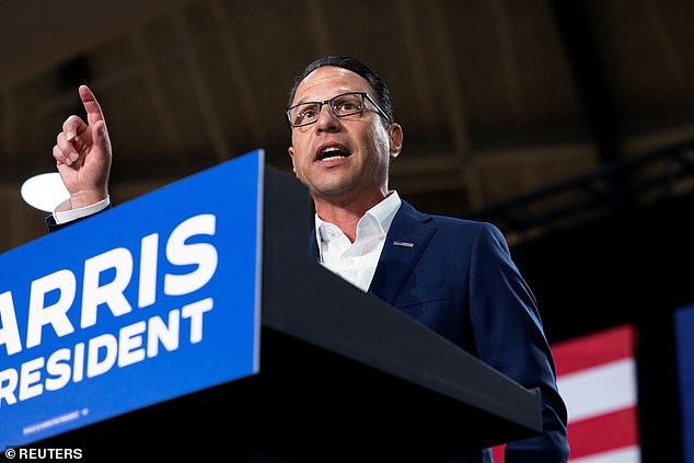 Pennsylvania Governor Josh Shapiro holds a rally in support of US Vice President Kamala Harris' Democratic presidential election campaign in Ambler, Pennsylvania, US, July 29, 2024.