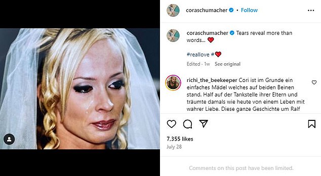 Days later, his ex-wife Cora shared a cryptic image of herself as a bride crying after the public announcement.