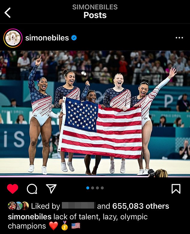 Simone Biles captioned her celebratory post with a veiled photo of a former Team USA member.