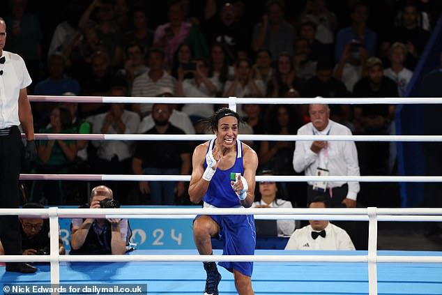 Imane Khelif of Algeria celebrates her victory against Janjaem Suwannapheng