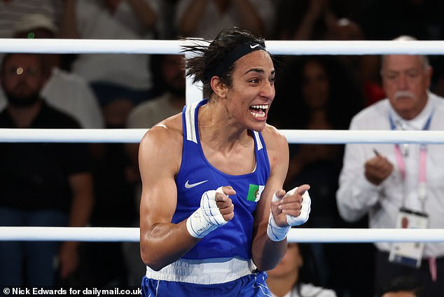 Algeria's Imane Khelif celebrates after defeating Thailand's Janjaem Suwannapheng in their 66kg women's boxing semi-final bout