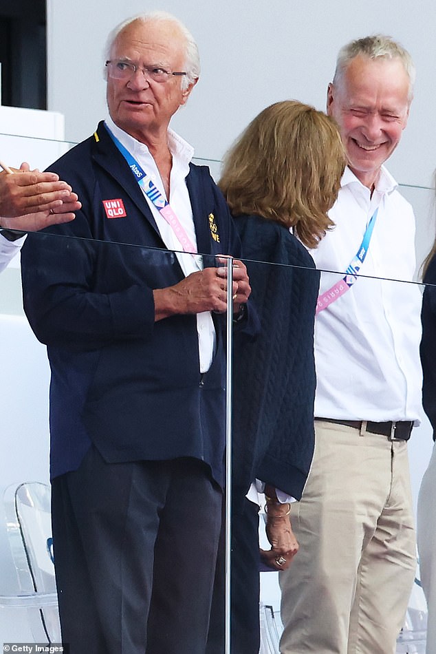 King Carl XVI Gustaf of Sweden and Queen Silvia of Sweden attend the athletics event on day 11 of the Paris 2024 Olympic Games at the Stade de France