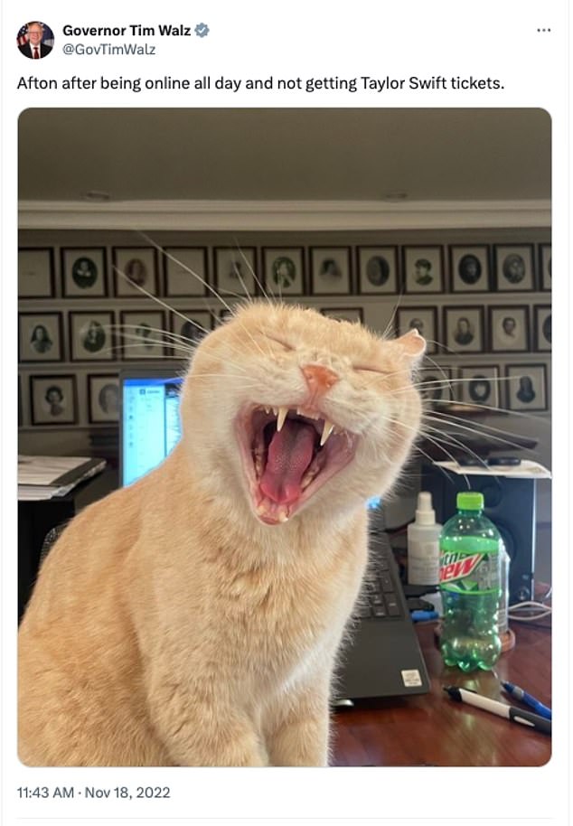 Walz made his love for the pop star known in 2022 by sharing a photo of the family cat, Afton, baring his fangs after the governor was unable to secure concert tickets.