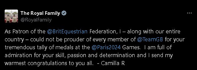 Camilla's heartfelt message to the British equestrian team appeared on X