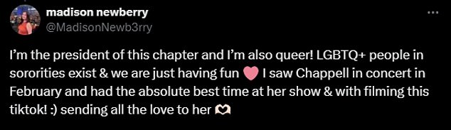 But Madison was quick to defend the sisterhood, debunking the X user's claim and explaining that she herself is queer and a huge fan of Chappell.