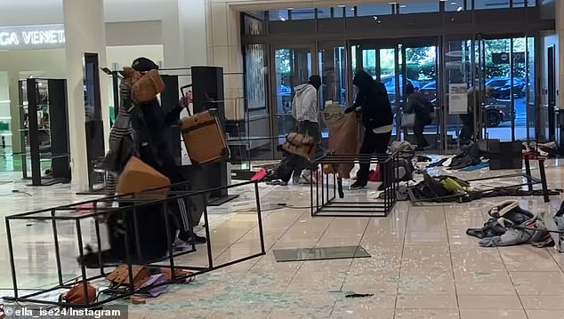 Pictured: An August 2023 robbery at a Nordstrom store in Topanga, California, where the suspects casually walked out with their arms overflowing with merchandise.