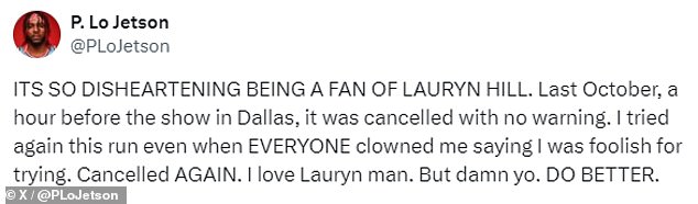 A person with the username @PLoJetson wrote on X that being a fan of Lauryn Hill is 