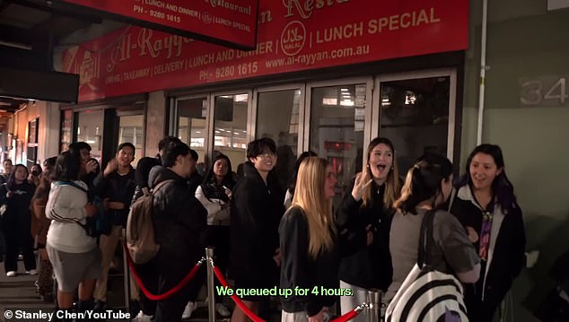 The YouTuber decided to promote a fake ramen noodle restaurant and had seven days to make it a reality. The fake restaurant had people queuing around the block (pictured)