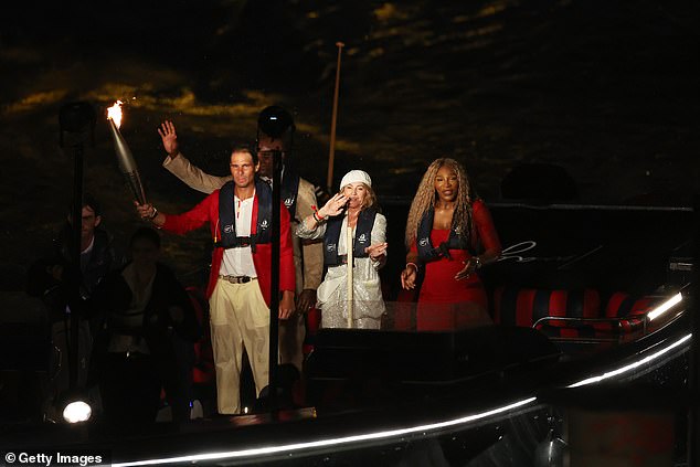 Williams (right) took part in the opening ceremony while sharing a boat with Rafael Nadal, Carl Lewis and Nadia Comaneci.