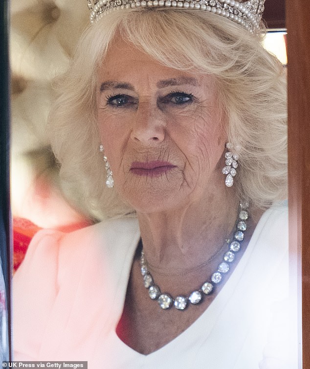 The Collet diamond necklace worn by Queen Camilla is set with 31 graduated old-cut Golconda diamonds and the dazzling diamond earrings were also worn on her birthday and were part of what is known as the Modern Diamond Suite.