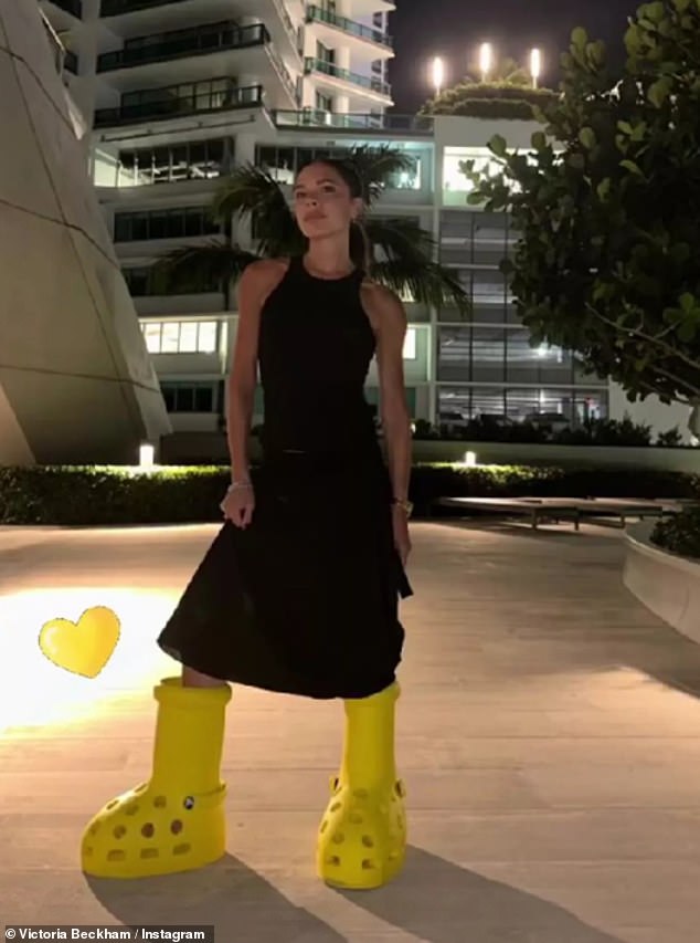 This comes after her mother, Victoria, ditched her signature heels to pose in the same oversized yellow cartoon boots last year.