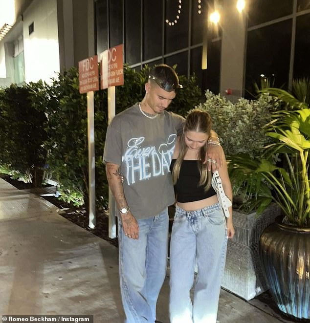 In another snap from Wednesday, Romeo has his arm around his sister Harper, who looked chic in a black crop top and blue jeans.