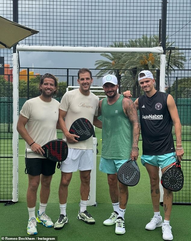 The footballer seemed in good spirits as he also shared a photo with his father David and friends while they were playing paddle tennis in Miami.